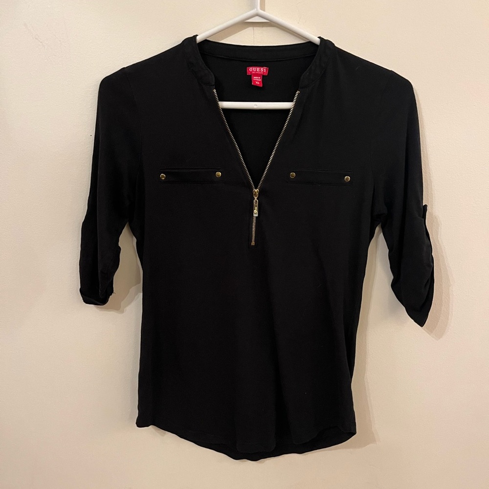Guess Black Zip-Up Half Sleeve Top